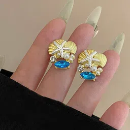 FIMBUL Gold Plated Artificial Stones Studded & Beaded Quirky Studs image 2