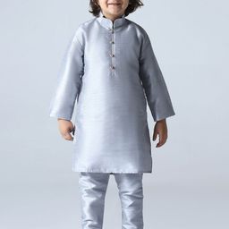 TAHVO Boys Mandarin Collar Dupion Silk Straight Kurta With Trousers-3