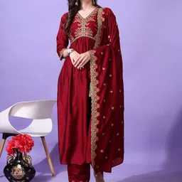 KALINI Floral Embroidered V-Neck Thread Work Kurta With Trousers And Dupatta-56