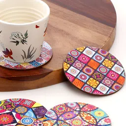 DULI 4-Pcs Red & Yellow Printed Round Dining Table Coasters-picture-24