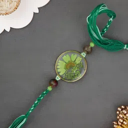 Myntra Elegant Homes Green & Gold Rakhi With Roli Chawal & Greetings Card-image-19