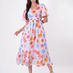clobug Floral Print Flared Sleeve Georgette A-Line Midi Dress-image-48