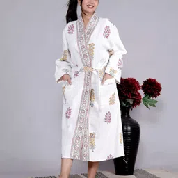 LIVING ROOTS Blue & White Handblock Printed Cotton Bathrobe-image-93