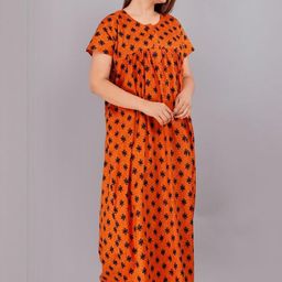 AAKARSHANA Orange Pure Cotton Maxi Printed Nightdress-image-10