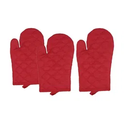 UrbanArts 3-Pcs Red Pure Cotton Padded Oven Gloves-18