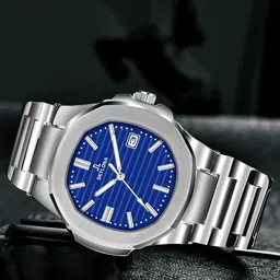 SKYLONA Men Brass Patterned Dial Reset Time Analogue Watch Patek Blue-90