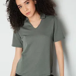 max Women V-Neck Extended Sleeves Cut Outs T-shirt-35
