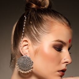 VENI 925 Silver-Plated Artificial Beaded Circular Oxidised Drop Earrings image 3