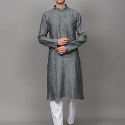 Exotic India Men Regular Plain Pure Linen Mandarin Collar Kurta with White Pajama Set-picture-0