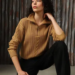 High Star Women Pullover with Zip Detail Cabel Knit-image-4
