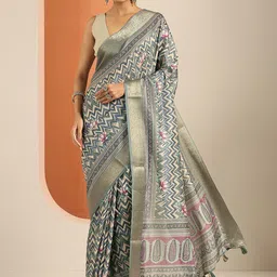 Libas Floral And Chevron Printed Zari Border Saree-image-11