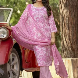 KALINI Floral Printed Round Neck Pure Cotton Straight Kurta With Trousers & Dupatta-image-99