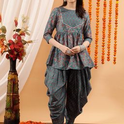 indo street Women Floral Printed Regular Gotta Patti Kurti with Dhoti Pants-52