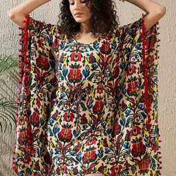 StyleStone Colourblocked Print Kimono Sleeve with Pom-Pom Detail Crepe Kaftan Dress-image-17