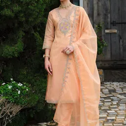 Indo Era Women Embroidered Straight Kurta Trousers With Dupatta set-image-24