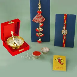 CraftVatika 5-Pcs Small Decorative Bowl & Box Greeting Card & Roli Chawal Rakhi Gift Set-image-16