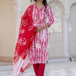 Lee Moda Geometric Printed V-Neck Straight Kurta With Trousers & Dupatta-image-62