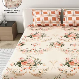 DREAM WEAVERZ Beige Floral 260 TC King Bedsheet with 2 Pillow Covers-image-60