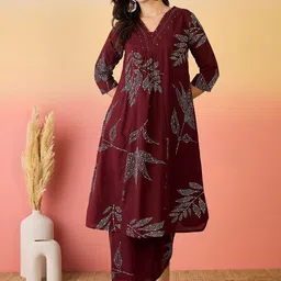 Sangria Floral Printed Beads And Stone Pure Cotton A-line Kurta With Palazzo-23