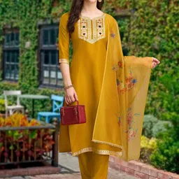MOJILAA Women Floral Embroidered Kurta with Trousers & Dupatta-image-66