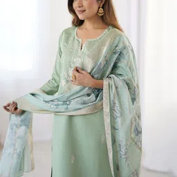 KALINI Ethnic Motifs Embroidered Regular Thread Work Kurta with Trousers & With Dupatta image 5