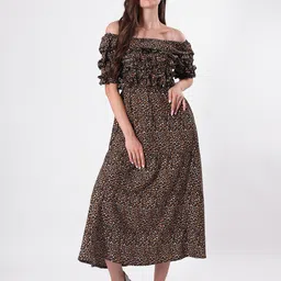 clobug Floral Print Off-Shoulder Crepe A-Line Midi Dress-image-50