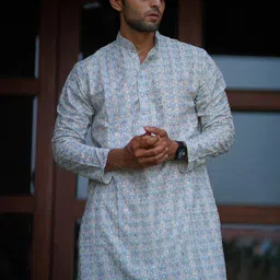 The Kurta Studio Floral Printed Mandarin Collar Sequinned Cotton Straight Kurta-picture-20