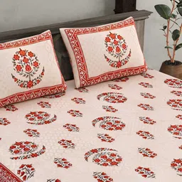 BED-SHEET.COM Peach-Coloured & Red Floral King Bedsheet with 2 Pillow Covers image 3