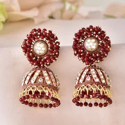 VOJ Stainless Steel Artificial Stones Studded and Beaded Dome Shaped Jhumkas-picture-0
