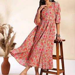 KALINI Floral Printed Pure Cotton Fit & Flare Midi Dress-picture-35