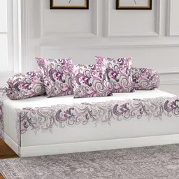 Aura Set Of 6 Purple & Cream Printed Floral TC Cotton Diwan Set-8