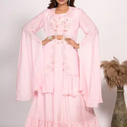 Morchari Round Neck Crop Top Long Sleeves Jacket with Mid-Rise Skirt Co-Ords-picture-29