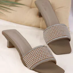 TRYME Women Embellished Square-Toe Kitten Heeled Open Back Heels-18