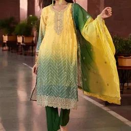 KALINI Bandhani Printed Sequinned Straight Kurta With Trousers & Dupatta-18