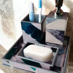 THE HOME CO. Blue & White 4 piece Abstract Wood Bath Accessories Set-image-29