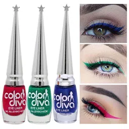 Color Diva Set Of 3 Water Resistant Liquid Eyeliner - 6 ml Each - Pink-Green-Blue-9