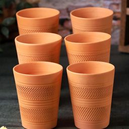 The handicraftian KOHINOOR JUMBO Orange 6 Pieces Textured Terracotta Glass Cups-400 mleach-15