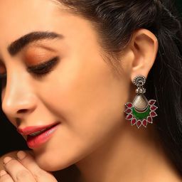 Priyaasi Silver-Plated Stone Studded Contemporary Oxidised Drop Earrings-38