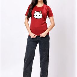Moda Rapido Women Maroon Cat printed T-shirt-picture-37