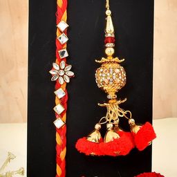 CraftVatika 5-Pcs Lord Ganesh Showpiece With Greeting Card & Roli Chawal Rakhi Gift Set-image-43
