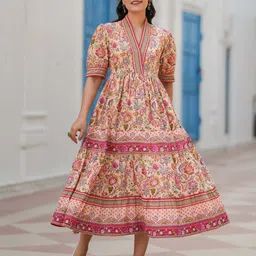 Rain & Rainbow Women Floral Print Puff Sleeve Fit & Flare Cotton Midi Dress-picture-37