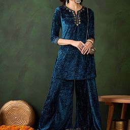Sangria GREEN Ethnic Motifs Yoke Design Bead & Stones Straight Kurta & Palazzos-image-37