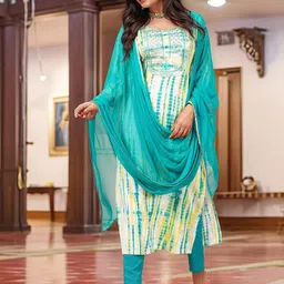 DIVASTRI Abstract Printed Round Neck Straight Kurta With Trousers & Dupatta-28