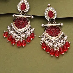 MADDY SPACE Gold-Plated Artificial Stones and Beaded Contemporary Drop Earrings image 3