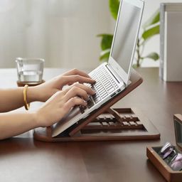 artistic gifts Wooden Laptop Stand for Desk with Adjustable Height, Foldable Riser for Laptop, Compatible for for iPad MacBook Pro Notebook HP Dell Devices Up to 15.6 inches (Walnut) image 3