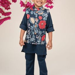 LITTLE COLLARS Boys Mandarin Collar Organic Cotton Straight Kurta With Pyjamas & Waistcoat-image-14