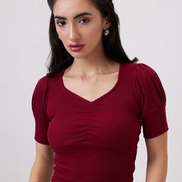 Maroon Ribbed Sweetheart Neck Puff Sleeves Crop Top-image-18