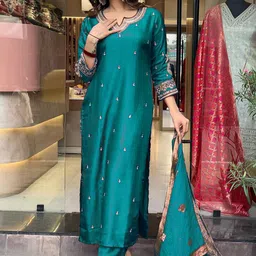 Siya Fashion Floral Embroidered Notch Neck Sequinned Straight Kurta With Trouser & Dupatta-27