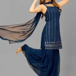 PARROT CREATION Women Embroidered Regular Sequinned Kurti with Sharara & With Dupatta image 4