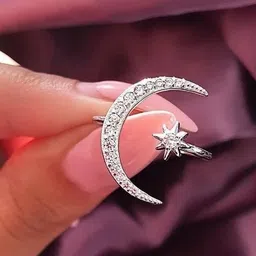 Zoey Unisex Silver-Plated Zircon-Studded Half Moon & Star Shaped Adjustable Finger Ring-32